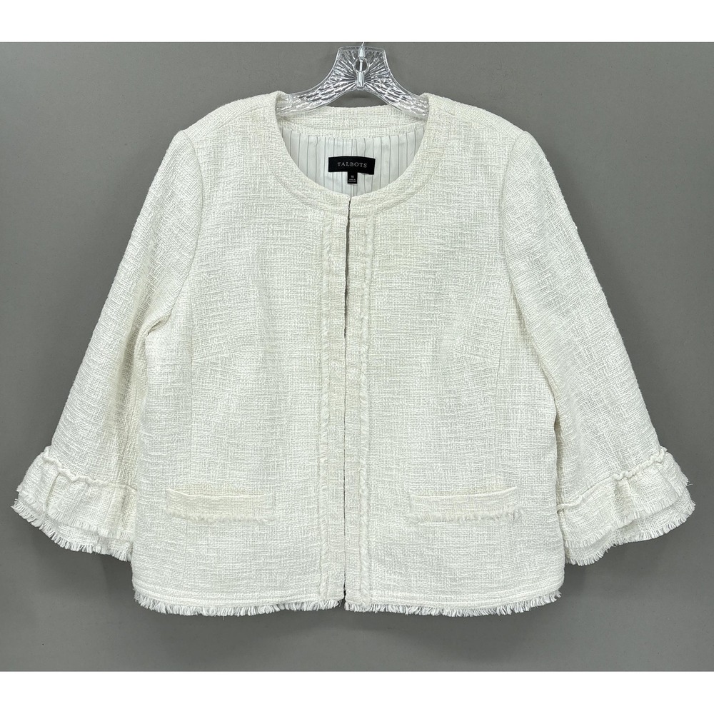 Talbots Ivory Tweed Fringe Collarless Jacket